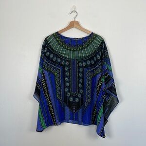 Bob Mackie Wearable Art blue pullover poncho boat neckline top Size X-Small